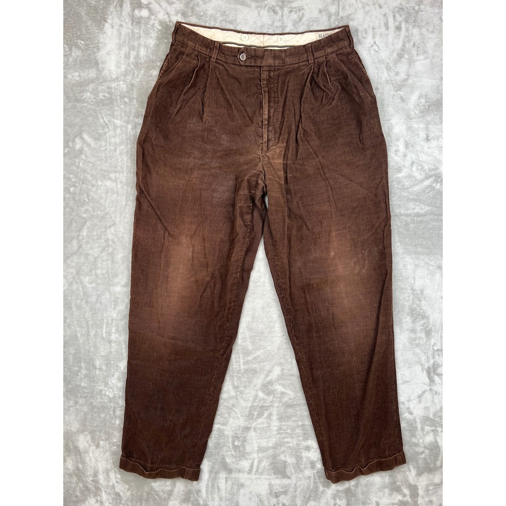 Vintage Slates Mens‎ Brown Corduroy Pleated Tailored Fit Pants W36 L34